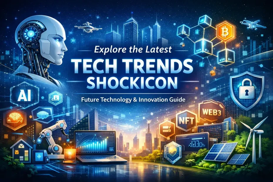 Futuristic tech illustration showing AI, blockchain, Web3, cybersecurity, smart devices, and green technology trends.