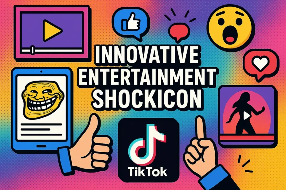 Colorful collage of social media icons, emojis, and video elements representing innovative entertainment Shockicon.