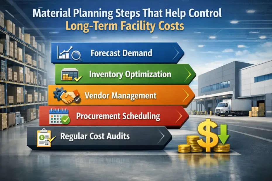 Infographic illustrating five material planning steps—Forecast Demand, Inventory Optimization, Vendor Management, Procurement Scheduling, and Regular Cost Audits—set against a warehouse and facility background with a dollar sign and coins symbolizing cost savings.