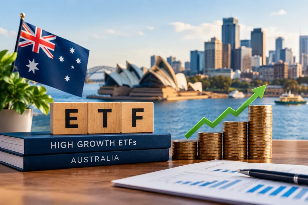 High growth ETFs in Australia with rising investments and Sydney skyline.